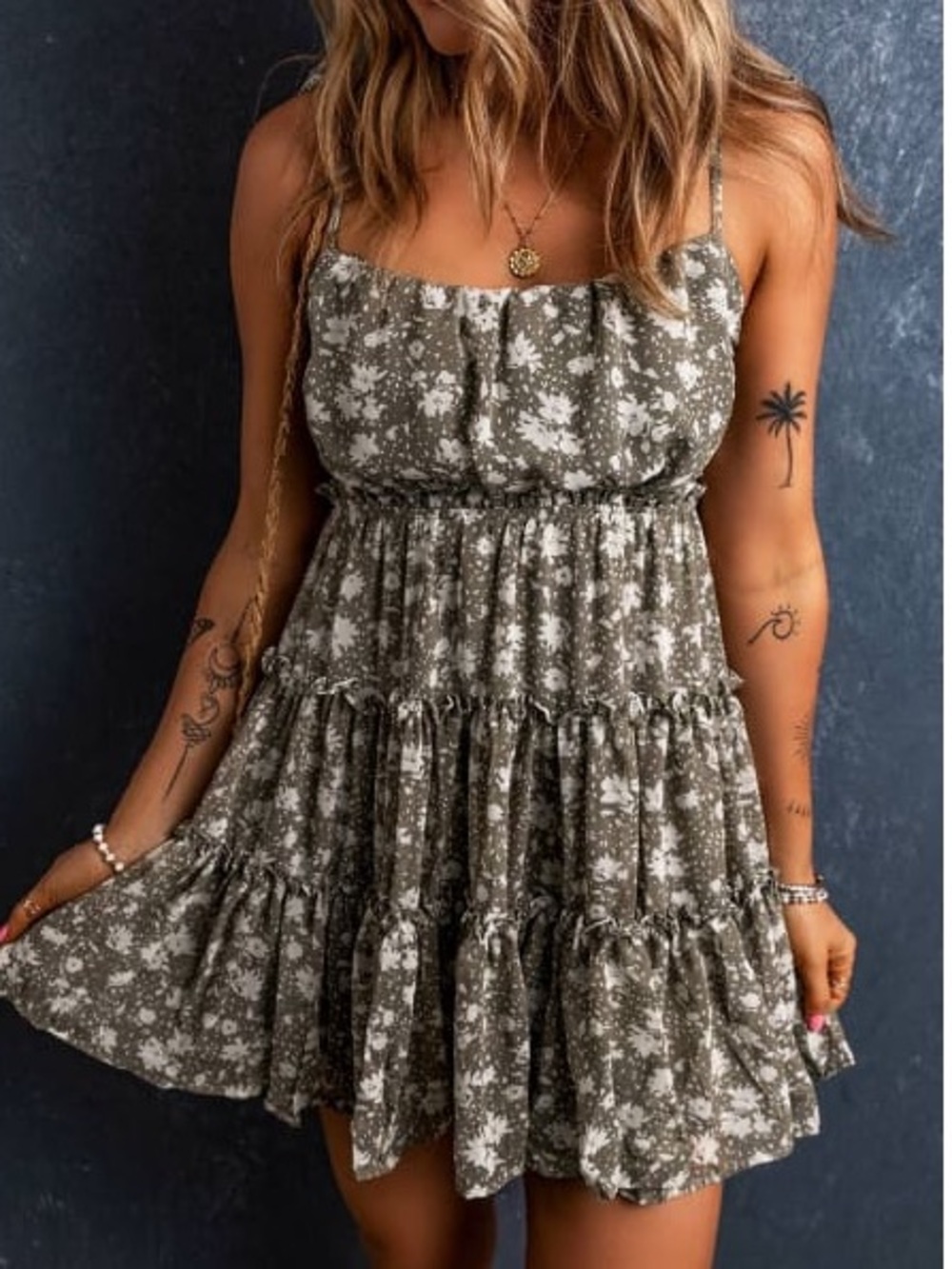 Altar'd State Taupe Floral Tiered Mini Dress - White Floral